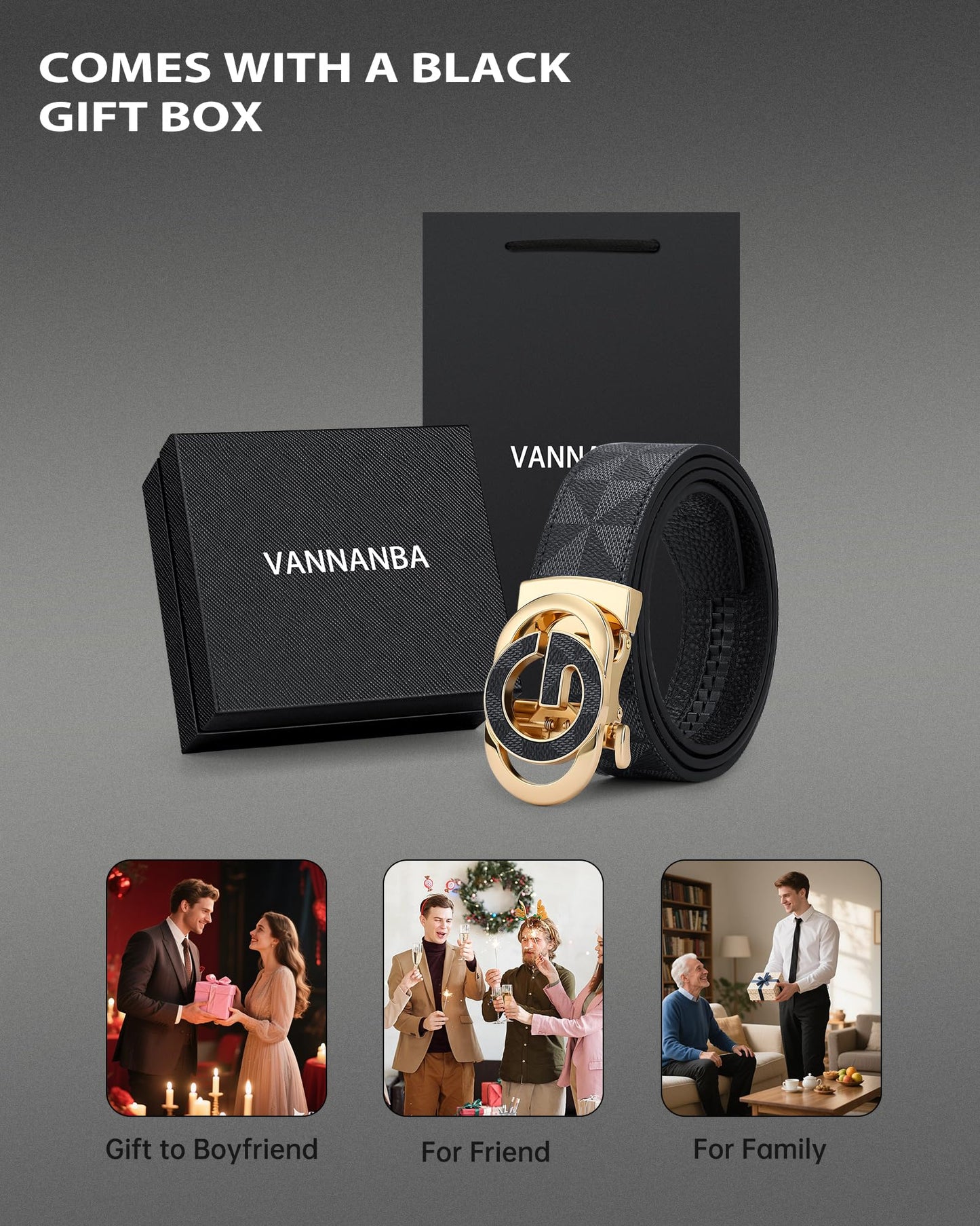 VANNANBA Mens Ratchet Belt Fashion Business Casual Leather Designer Belts with Adjustable Automatic Buckle Gift Box