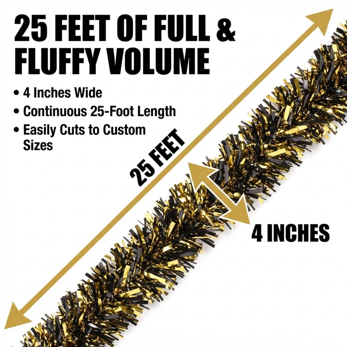 Anderson's Metallic Black & Gold Tinsel Twist Garland, 25ft Holiday Decoration, Christmas Tree Trim, Parade Float Decor, Party Supplies, Halloween, Graduation, Indoor Outdoor Event Garland