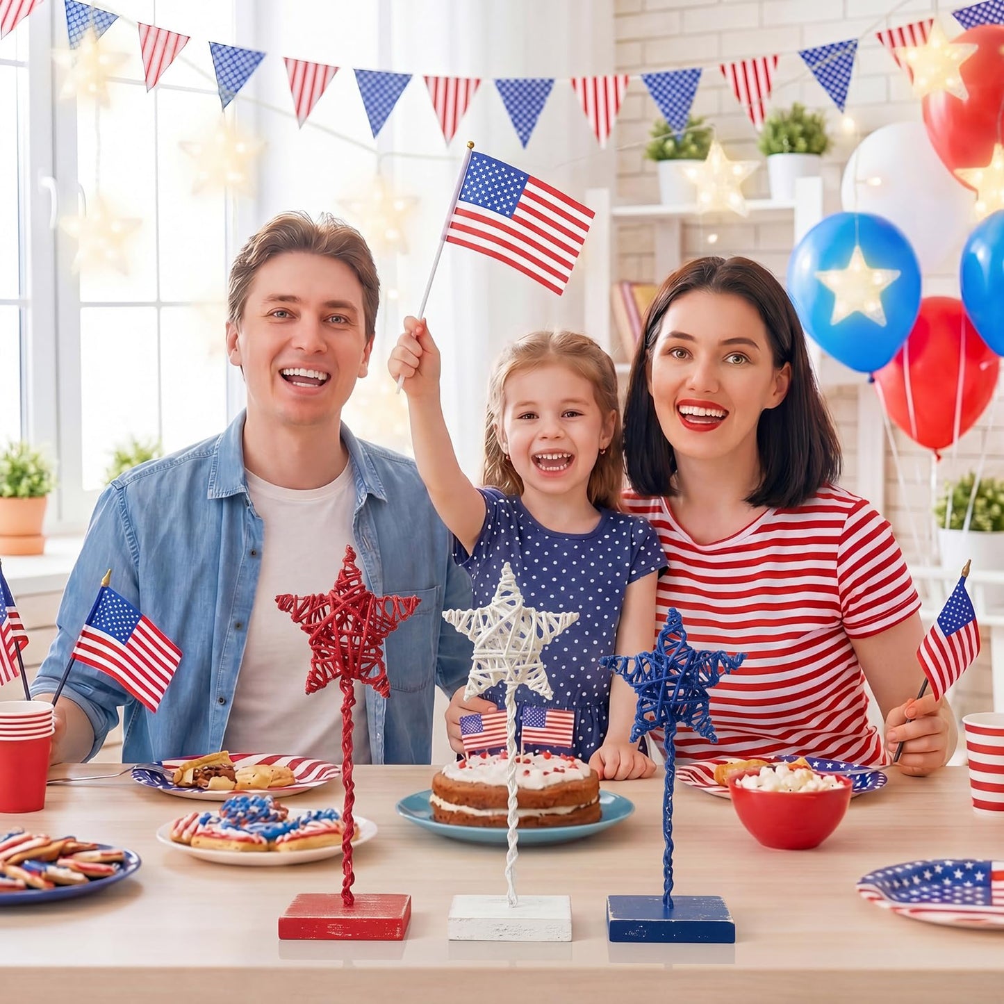 Tiamon 3 Pcs 4th of July Decorations, Metal Wood Patriotic Centerpieces Table Decor Red White Blue 3D Star Tray Sign Decor for Home Office USA July Fourth Independence Day 250th Anniversary Decoration