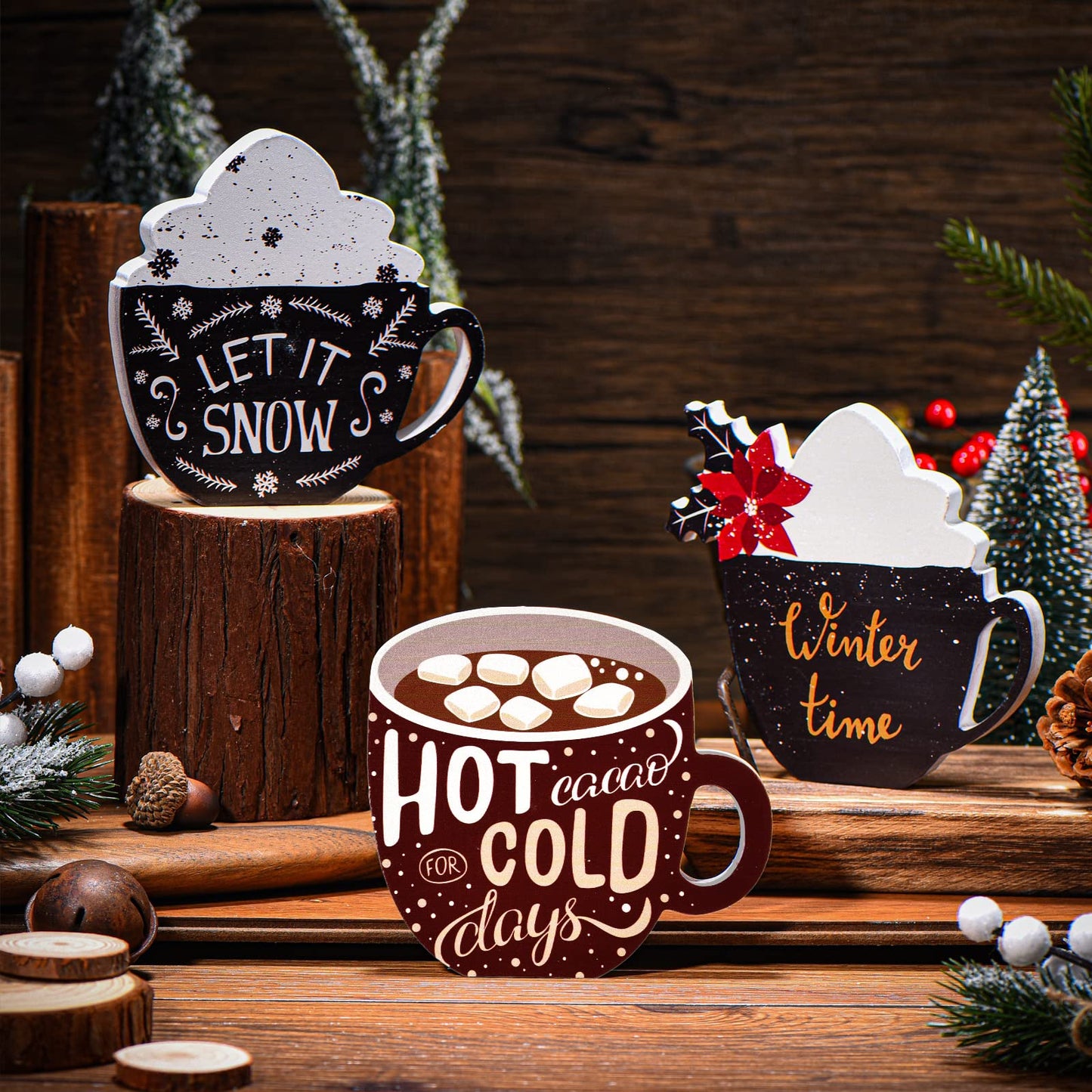 3 Pcs Christmas Hot Cocoa Tabletop Decor Christmas Wooden Signs Hot Cocoa Decor Warm Winter Tabletop Wooden Block Sign for Table Centerpieces Tiered Tray Decoration