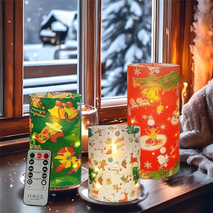 Floral Flameless Candles with String Lights - 3pcs Battery Operated Candle Flickering Christmas LED Pillar Candles with Timer Remote for Home Decor Romantic Ambiance,CH