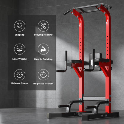 DlandHome Power Tower Pull Up Bar Station, Heavy Duty Adjustable Height for Home Gym Strength Training Equipment 330LBS Weight Capacity, Pull Up Dip Station, Red