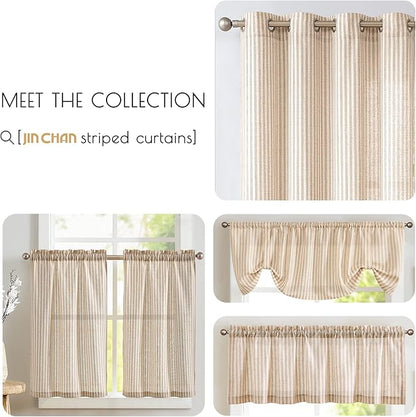 jinchan Tie Top Linen Kitchen Curtains 24 Inch Length Striped Tier Curtains Ticking Stripe Small Drapes for Living Room Bathroom Cafe Small Window Farmhouse Rustic Rod Pocket 2 Panels Tan