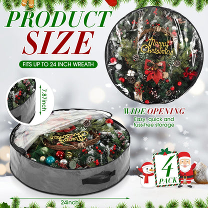 Aliceset 4 Pack Wreath Storage Containers, Ornament Garland Wreath Storage Bags with Handle Zipper Decorative Storages Box for Christmas in July Wreaths(24 x 24 x 7.8 Inch,Gray)