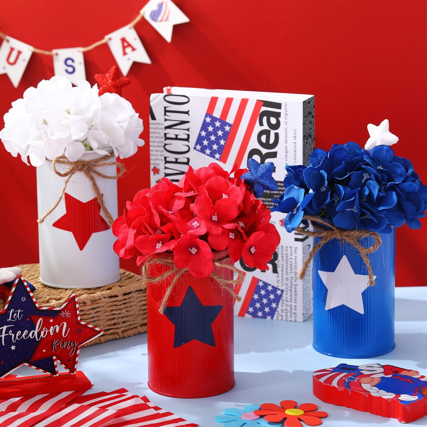 SiliFine 6 Sets 4th of July Decoration Patriotic Centerpiece for Table Include 6 Silk Artificial Hydrangeas Flower 6 Red Blue White Star Glitter Berry Pick 6 Metal Vase for 250th Anniversary Party