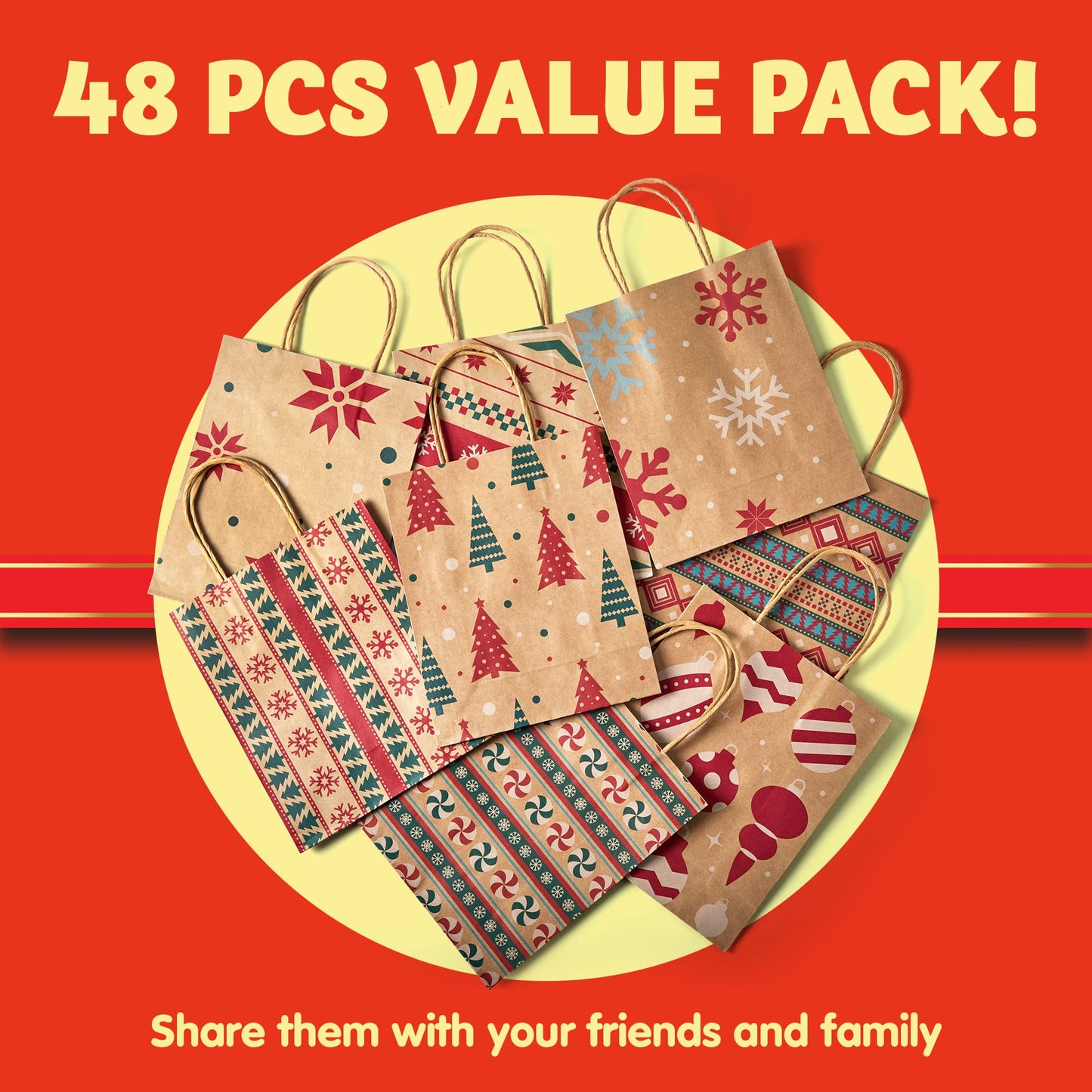 JOYIN 48 PCS Christmas Kraft Bags, Presents Wrapping Goody Treat Candy Bags with Handle Xmas Characters for Christmas Party Favors, Gift Giving, Holidays Decorations, Xmas Treat (7" x 9" x 3.5 ")
