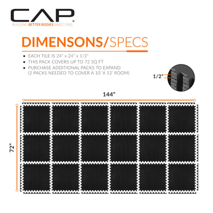 CAP Barbell 1/2-Inch Interlocking EVA Foam Exercise Puzzle Mat Home Gym Flooring - 3 Pack | 24" x 24" x 1/2" | T Pattern - Black