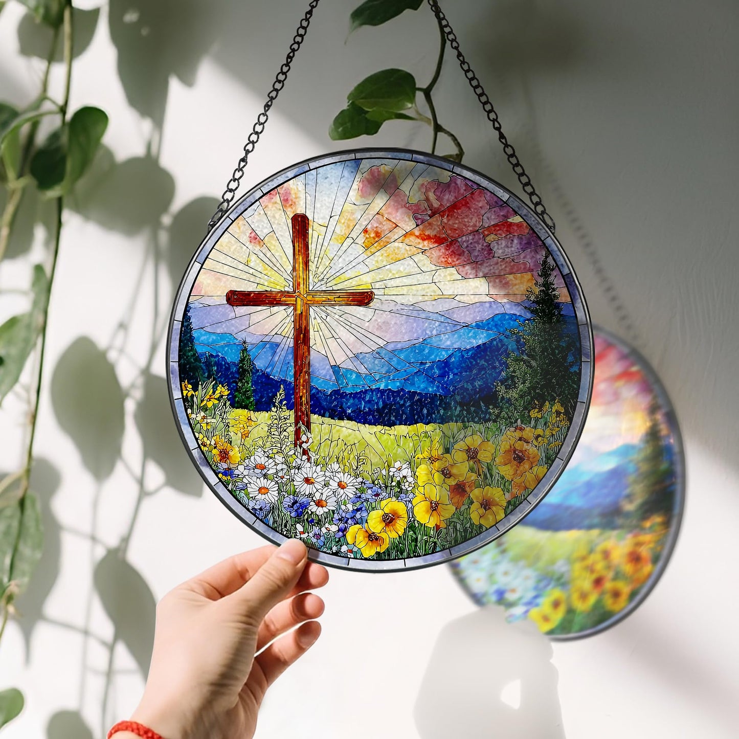 8 Inch Christian Cross Sun Catcher, Stained Glass Window Hanging, Religious Suncatcher for Windows, Sun Catchers Indoor Window, Christian Gifts, Religious Cross Gifts, Faith Home Decor