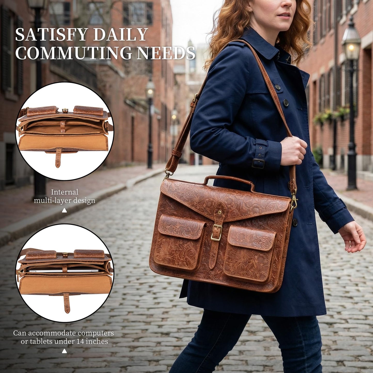 Gexmil Leather Messenger Bag for Men Women, Top Grain Leather, Laptop Briefcase Bag For College Office Business Travel, Adjustable Shoulder Strap, Flower Brown