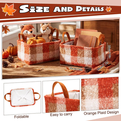 Yiyiring 2 Pcs Orange Plaid Storage Baskets 14x10 Inch Fall Theme Baskets Plaid Laundry Foldable Fluffy Boucle Storage Bin with Handle Autumn Home Decor Closet Organizer for Countertop Tabletop Car
