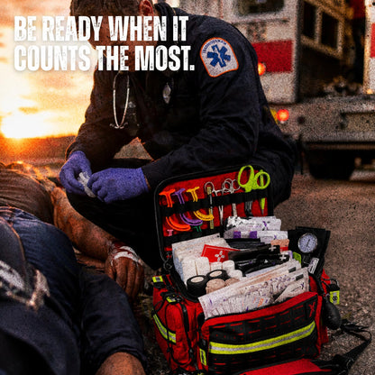Lightning X Mid-Sized First Responder EMT Bag | LXMB25 | Fully Stocked w/ 240+ First Aid, EMS & Trauma Supplies - RED
