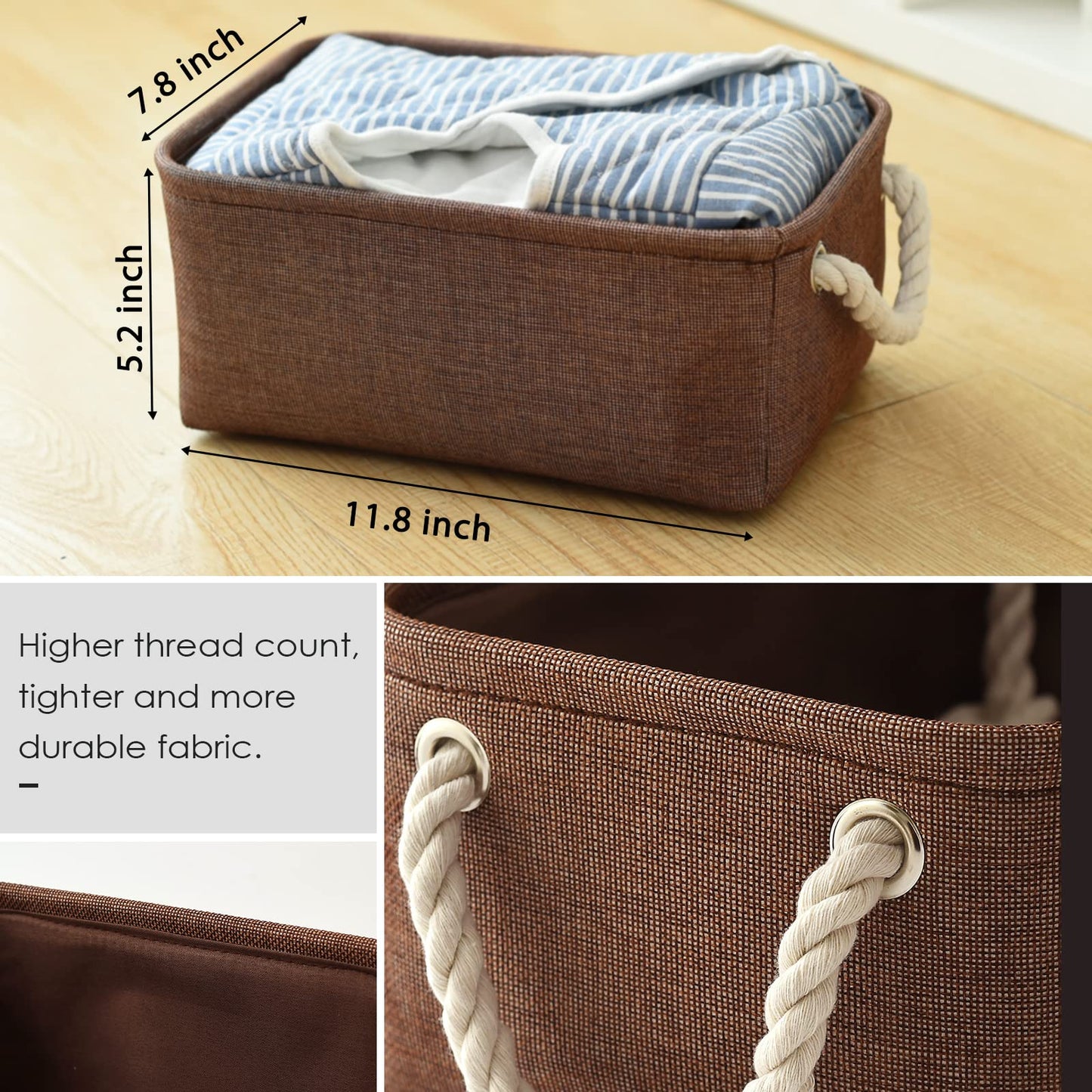 TheWarmHome Small Fabric Canvas Storage Bin with Cotton Rope Handles - Foldable Empty Basket for Gift (Brown-1 Pack,11.8L7.9W5.2H inch)