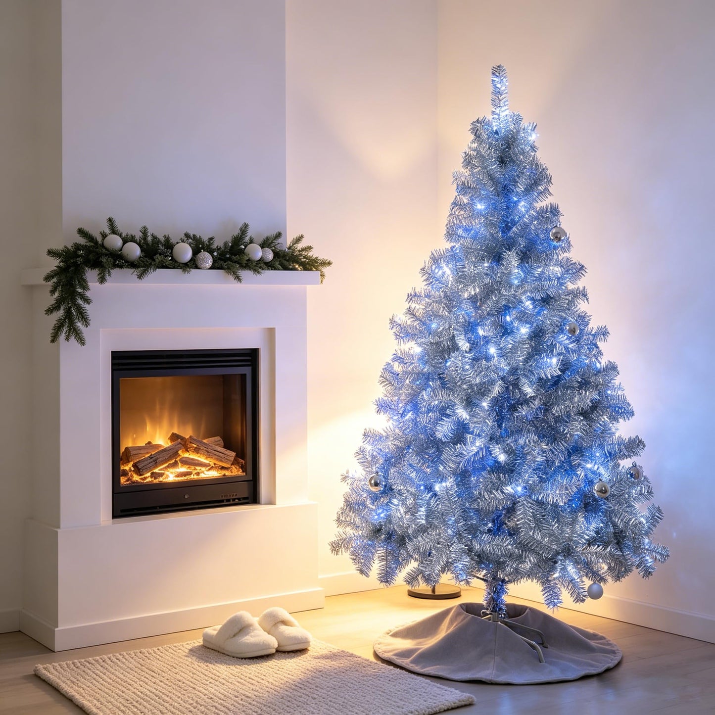 6Ft Artificial Christmas Tree with Metal Stand for Holiday Festival Parties Home Office Decor, 8 Modes 200 LED Blue Lights Included