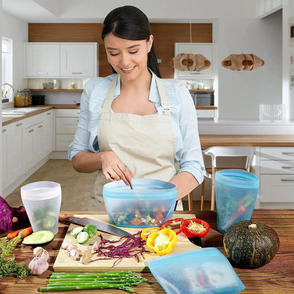 Reusable food container, silicone bag, 6 Pcs Zip Containers Can be used for fruit and vegetable snacks, etc. Microwave Dishwasher and Freezer Usable (blue)…