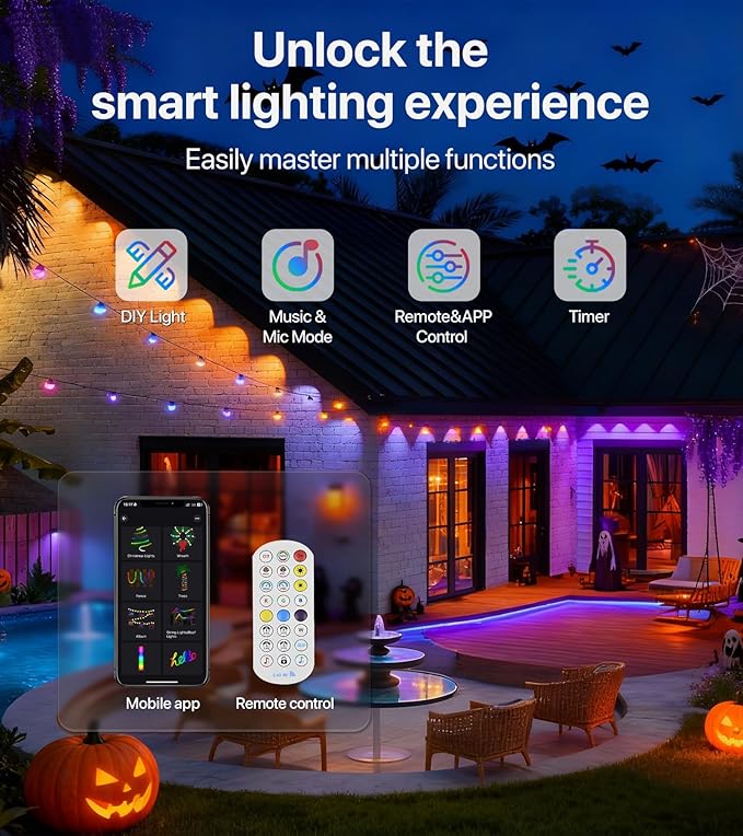 Permanent Outdoor Lights,150FT RGB+IC LED Lights with Smart APP & Remote Control, 72 Scene Modes, Waterproof IP65 for Holiday,Christmas,Yard Decorations(Extension Cord Not Included)