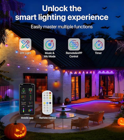 Permanent Outdoor Lights,150FT RGB+IC LED Lights with Smart APP & Remote Control, 72 Scene Modes, Waterproof IP65 for Holiday,Christmas,Yard Decorations(Extension Cord Not Included)