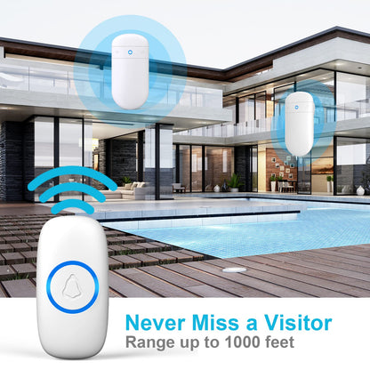 Wireless Doorbell, SECRUI Door bell Over 1000ft Coverage with 2 Plug-In Receivers, 1 Waterproof Push button, 52 Chimes, 110dB loud Sound Colorful LED Flash