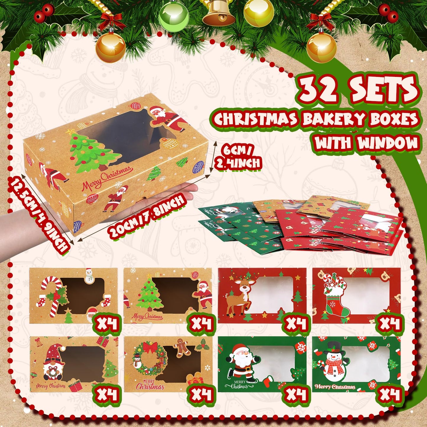 Chivertion 32 Pcs Christmas Cookie Boxes with Window Xmas Bakery Pastry Boxes 8 Designs Food Packaging Containers for Gift Giving Bakery Christmas Treat Containers, Candy and Cookie