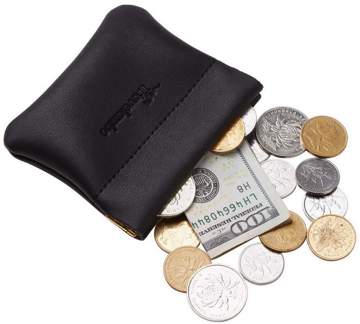 Travelambo Leather Squeeze Coin Purse Pouch Change Holder For Men & Women 2 pcs set (Black)