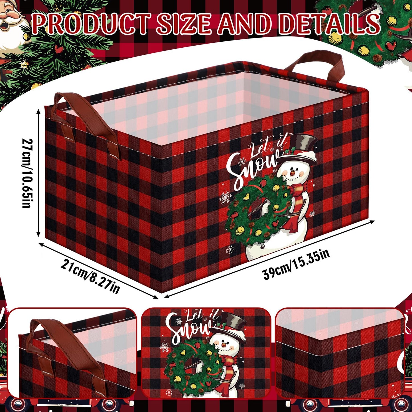 CHENGU 6 Pack Christmas Storage Basket Collapsible Christmas Basket for Gifts Buffalo Plaid Holiday Decor Large Snowman Bin Foldable Xmas Tree Box with Handle for Bedroom Office Home