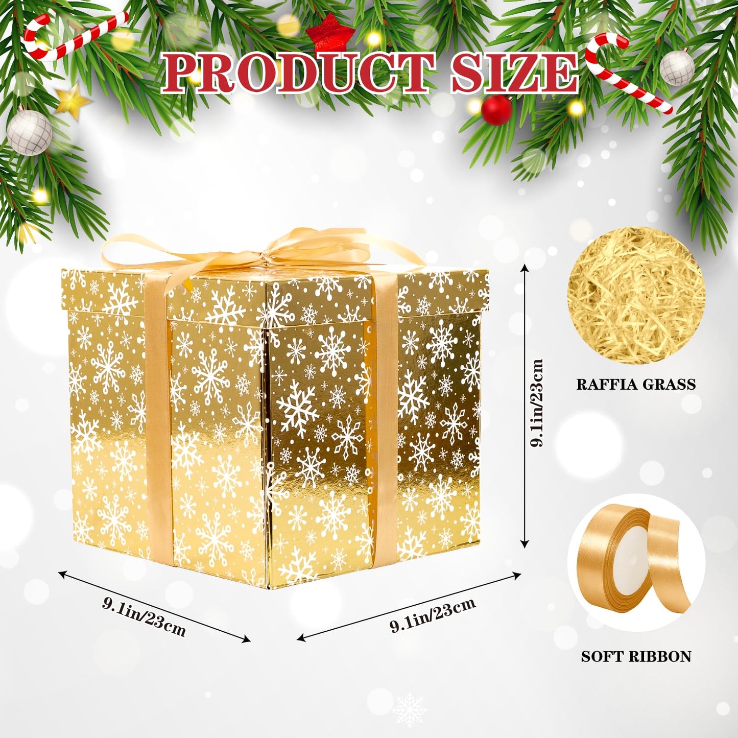 XiaosRen 9" Medium Christmas Gift Box with Lid and Paper Filler, Gold Gift Box with Ribbon for Holiday Xmas Presents Wrapping.