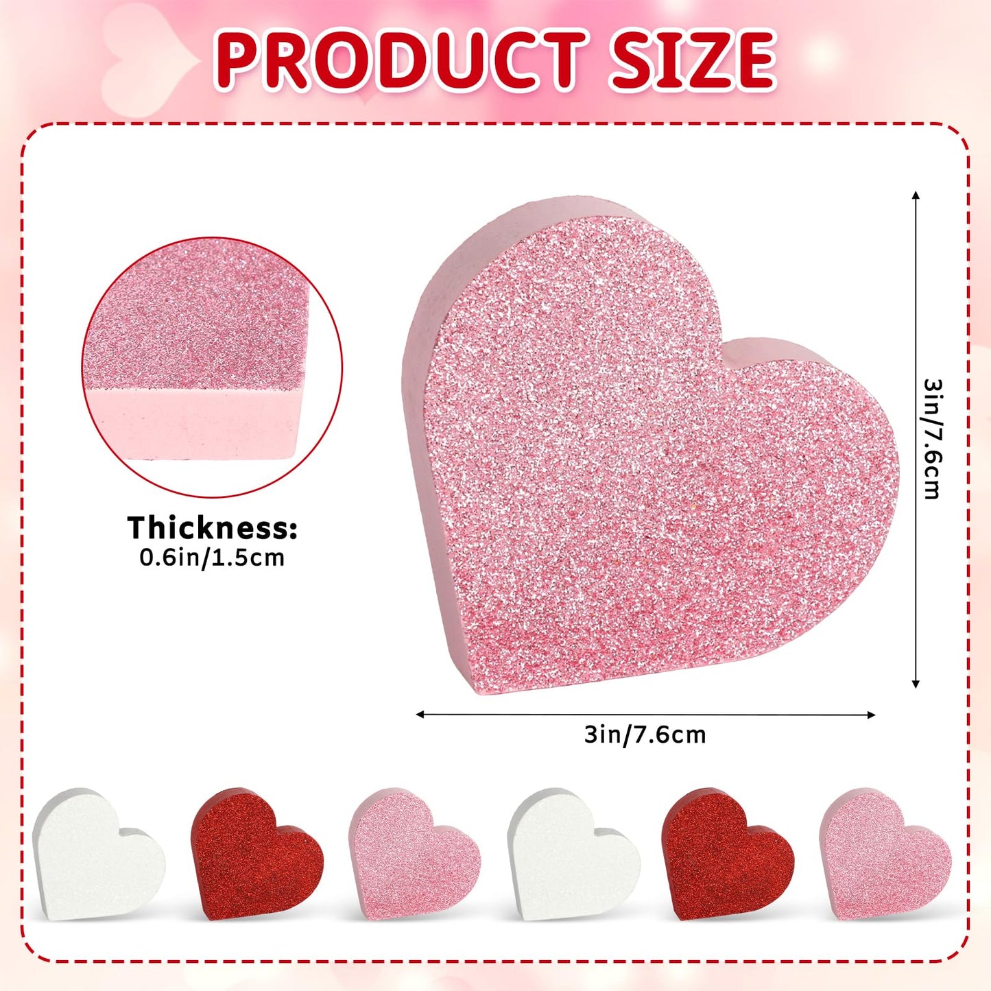 COCHIE Wooden Valentine's Day Hearts Decorations Indoor, Wood Heart Blocks Tiered Tray Decor Set of 6, Red Pink White Valentine Decoration for Home Party Office Shelf Mantle (Glitter)