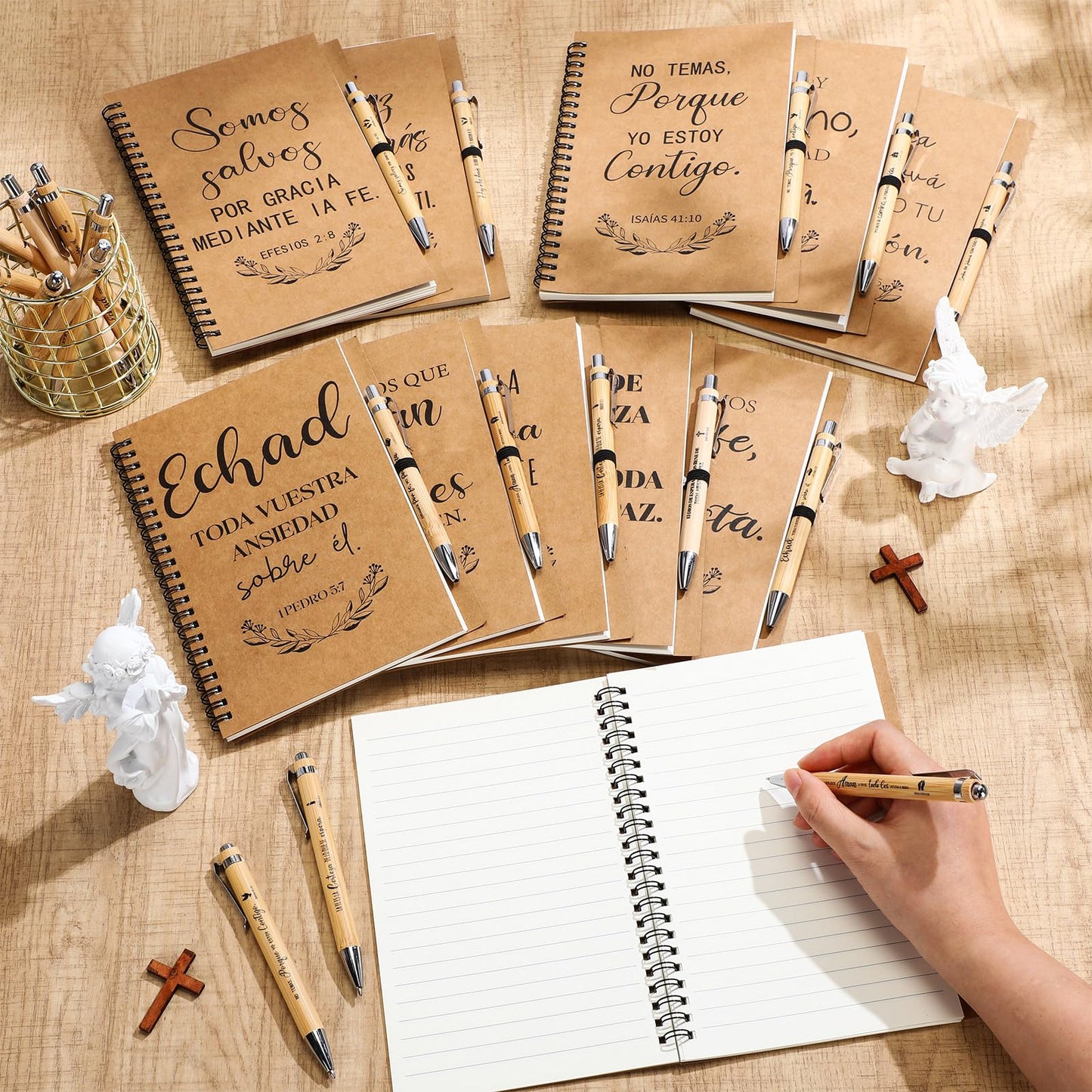 Resurhang 20 Pcs/10 Sets Regalos Cristianos En Español Spanish Christian Notebooks with Pen Spanish Religious Gift Bulk Motivational Journals Inspirational Pen Thank You Gift for Church (Kraft Color)