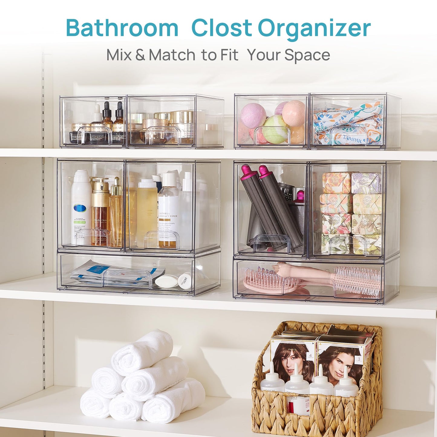 Vtopmart Stackable Storage Drawers Set of 5, Clear Plastic Organizer Bins for Baby Bottle, Beauty Supplies Storage, Ideal for Kichen Countertop, Vanity, Bathroom, Cabinet, Pantry Organization
