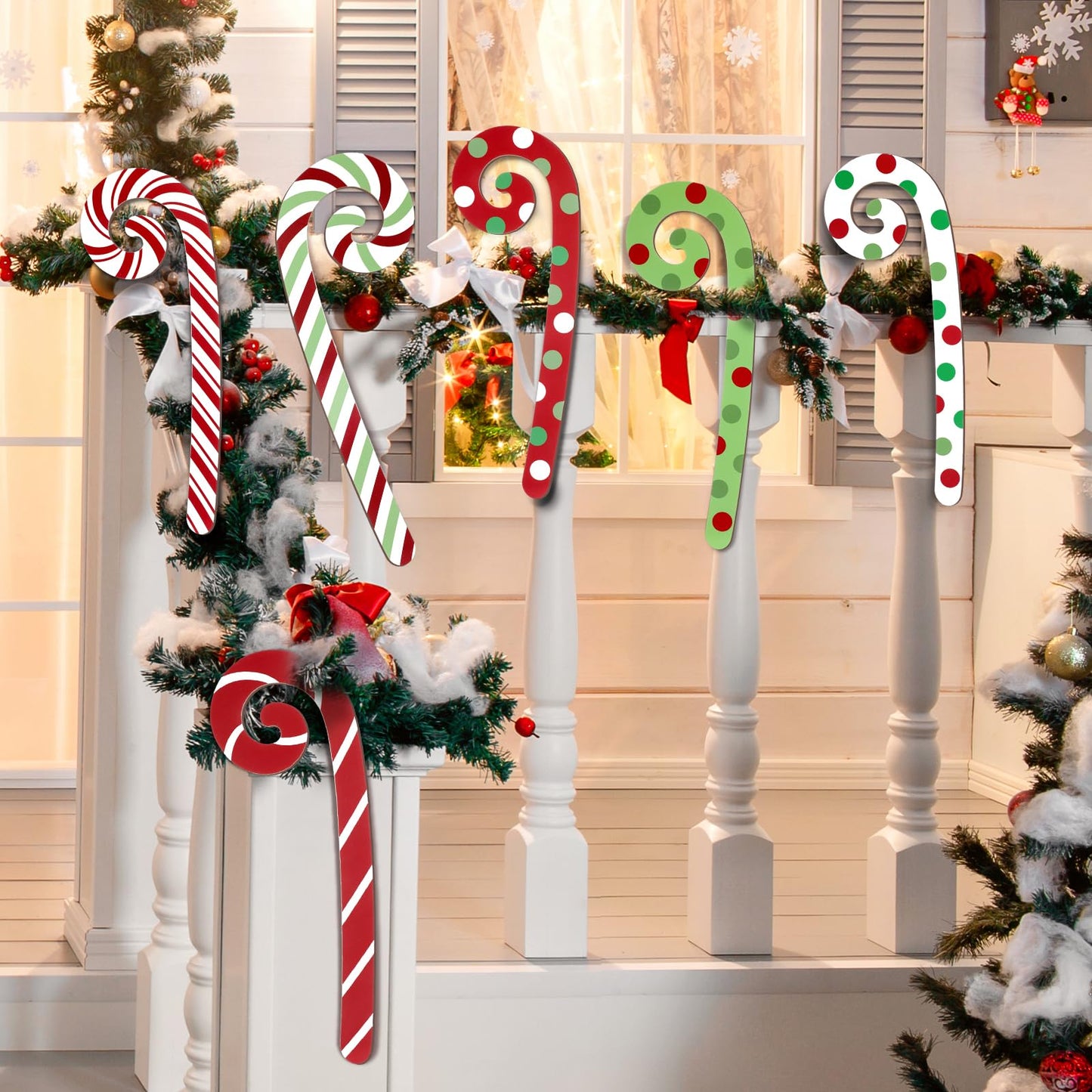 Yalikop 6 Pcs Large Christmas Candy Canes Decoration 15.75'' Wooden Red Green White Polka Dots Stripes Ornament Lollipop Candy Cane Ornaments for Christmas Tree Xmas Crafts Party Decor (Lovely)