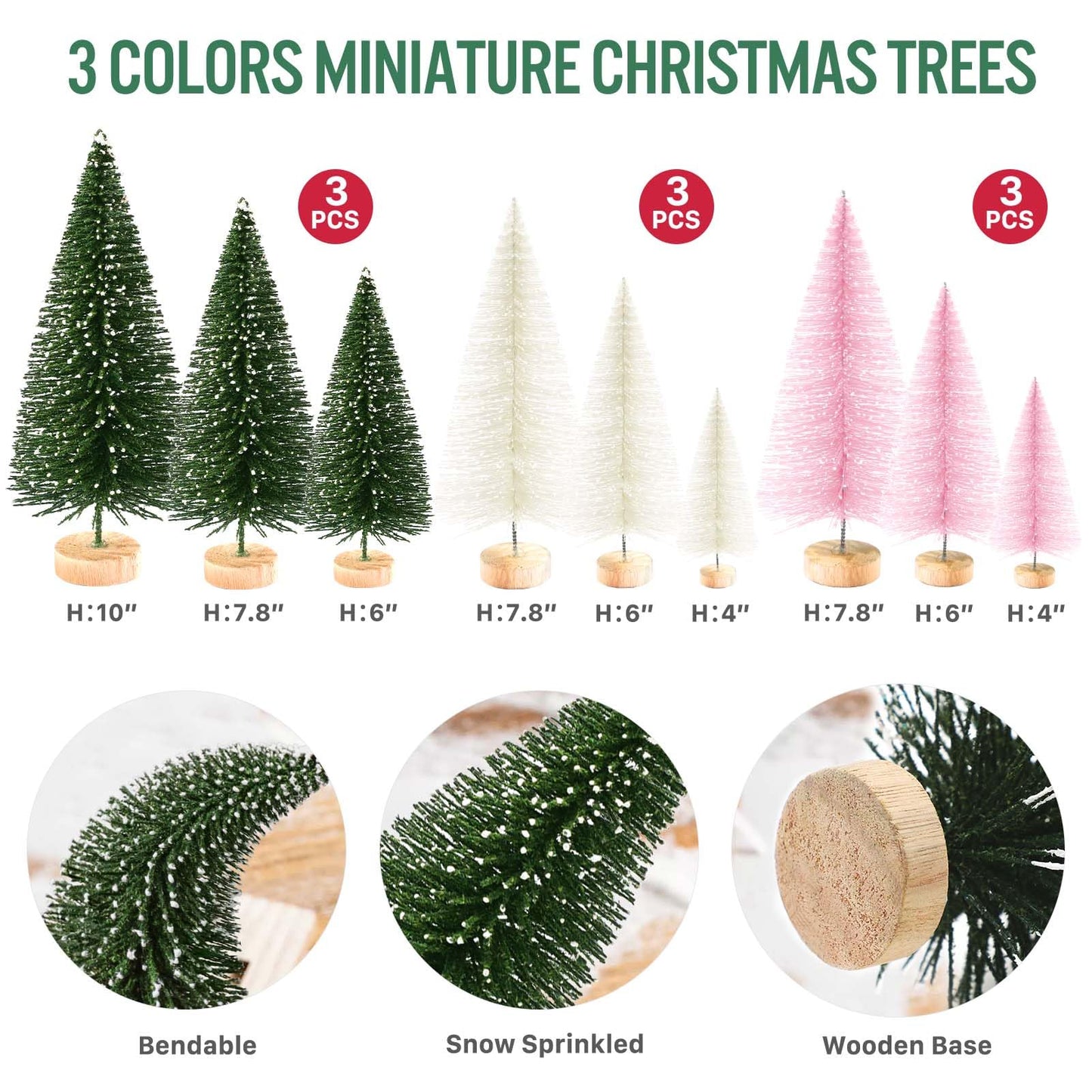 9Pcs Mini Christmas Trees Christmas Decor Artificial Christmas Decorations with 4 Sizes, Christmas Tree Bottle Brush Trees Christmas Table Decorations (Green Beige Pink)