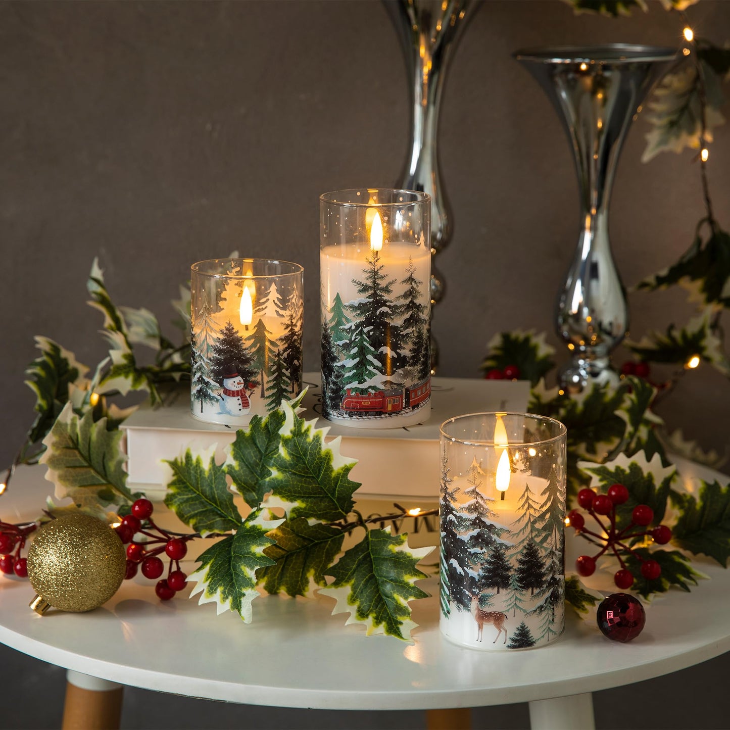 LUSHARBOR LUSHABOR Christmas Flameless Candles, 3 Pack Battery Operated Candles for Christmas Mantel Decor, Glass LED Flickering Candles Home Xmas Party Holiday D3 H4 5" 6", Trees