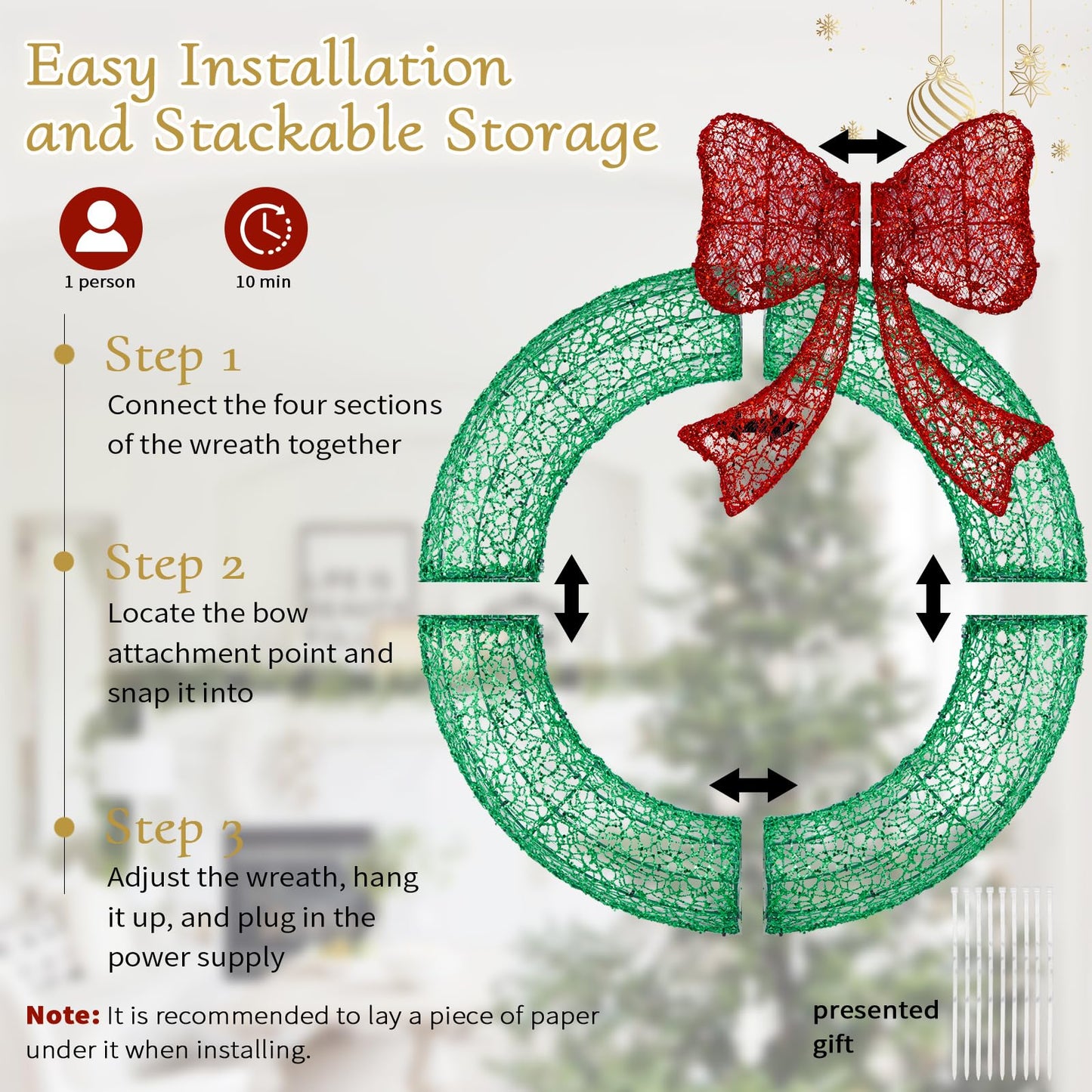 24" Pre-Lit Outdoor Christmas Wreath with 140 LED Lights and Bow, Lighted Metal Christmas Wreath Decoration with Timer Function for Xmas Home Wall Front Door Window Garage (Green/Red, 24in)