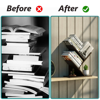 R RUISHENG 3 Tier Small Tree Bookshelf Desk Book Organizer Narrow Bookcases for Books Magazines CDs Free Standing Retro Wooden Storage Shelves for Home Office Bedroom Living Room Dark Walnut