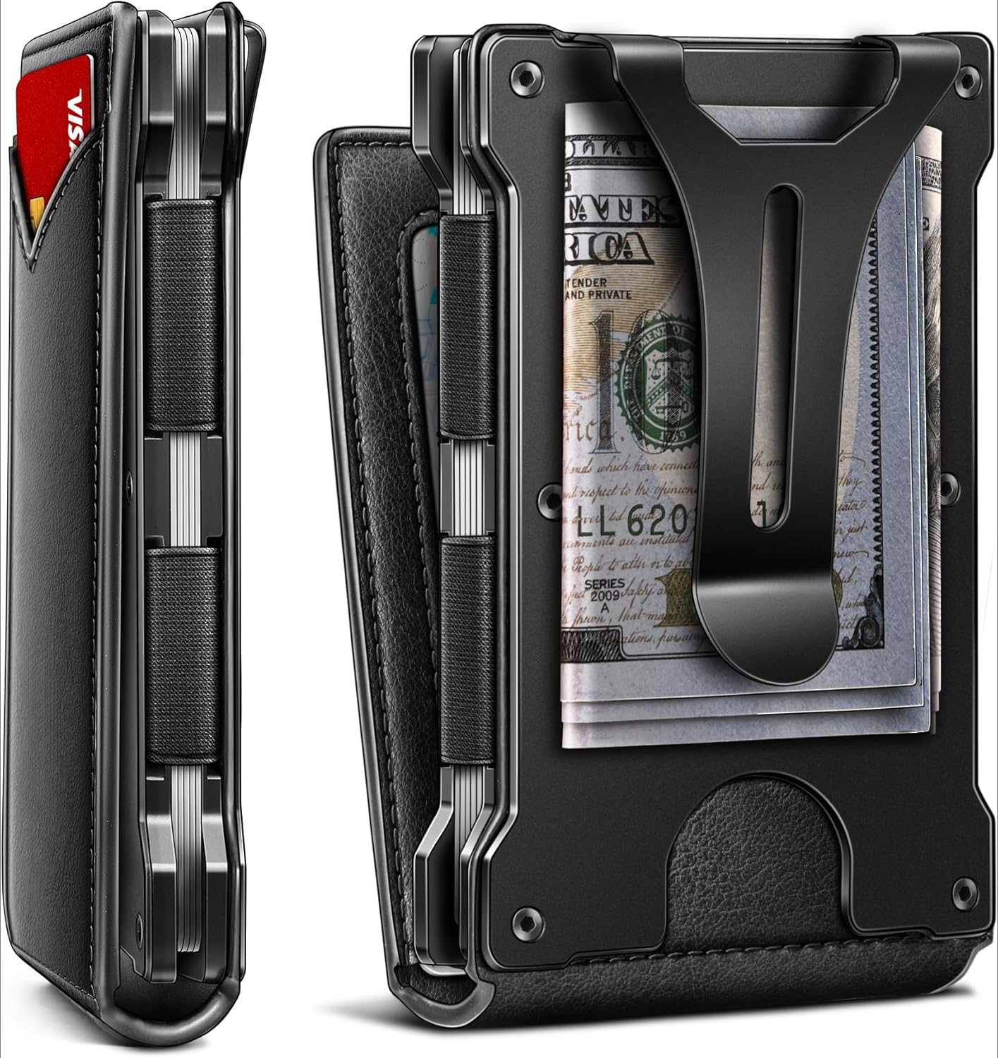 Men's Slim RFID Blocking Wallet Genuine Leather Front Pocket Design with Money Clip Holds 12 Cards Magnetic Flip Case (Black)