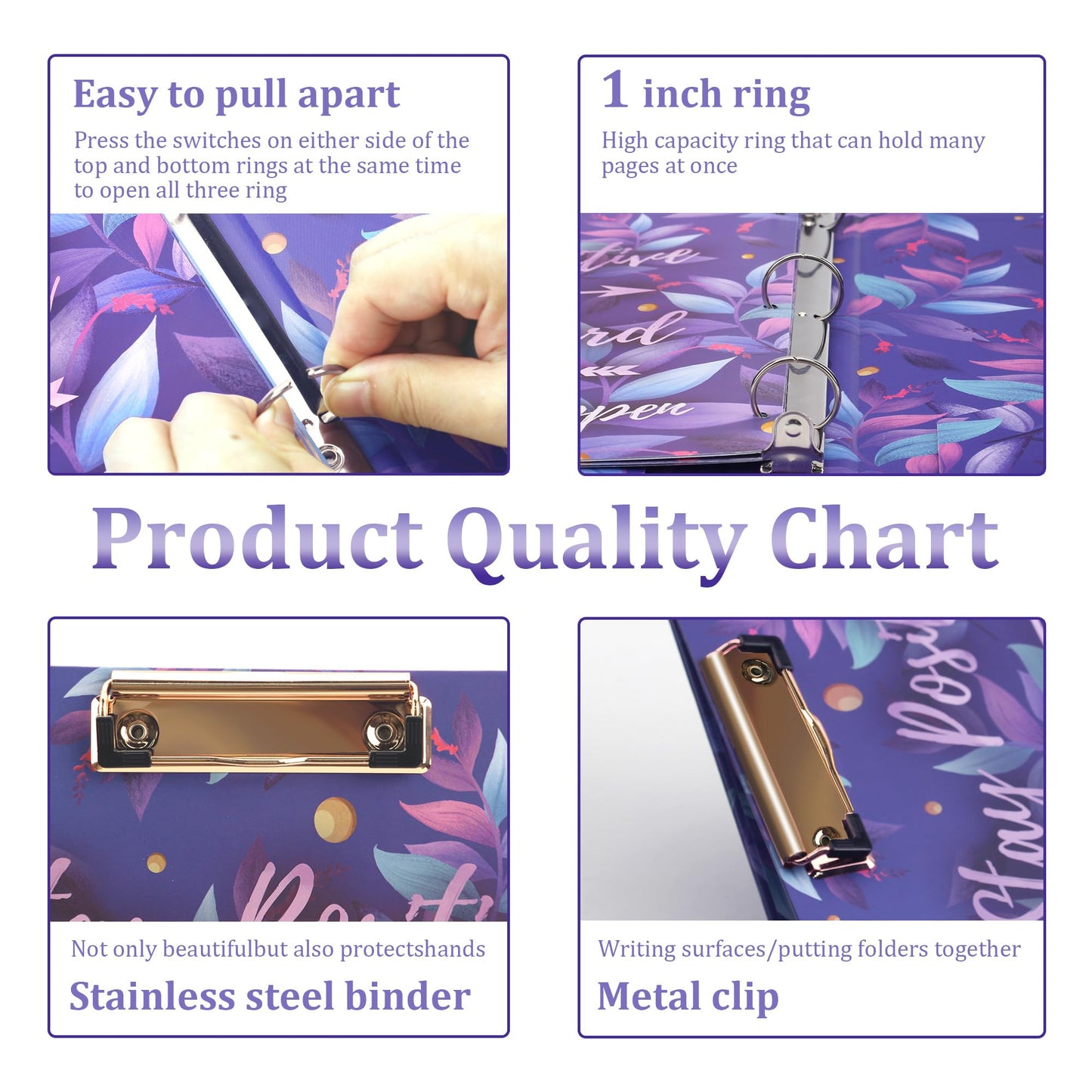3 Ring Binder with Clipboard with 50 Sheet Protectors 8.5 x 11 inch, 2 Pockets Purple 3 Ring Binder (11" x 8.5") Folders with Tab Dividers for Women School Office Supplies Portfolio (Purple)