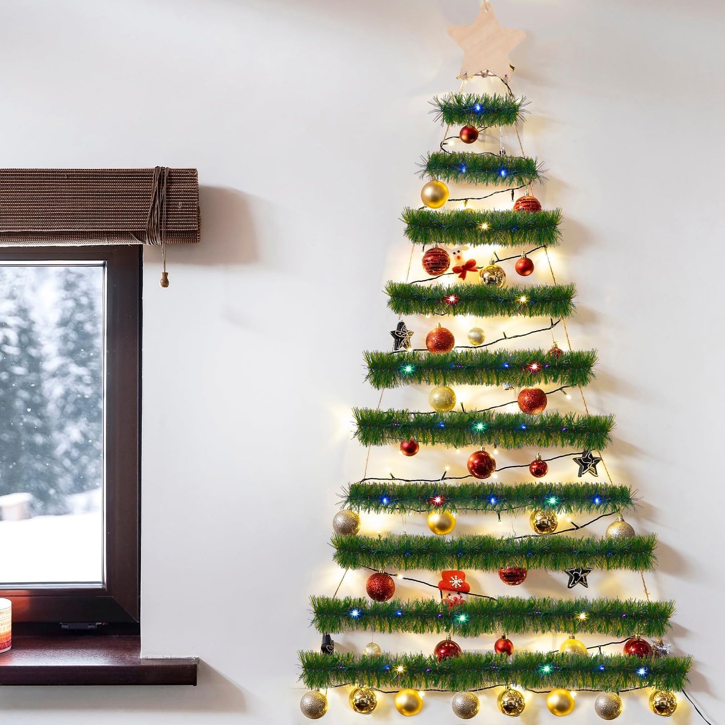 60 Inch Wall Hanging Mounted Christmas Trees Wood Ladder Tree Wall Hanging Christmas Decor with 19.6ft Christmas Metallic Tinsel Twist with LED Lights Metal Hooks for Rustic Holiday Party Supply