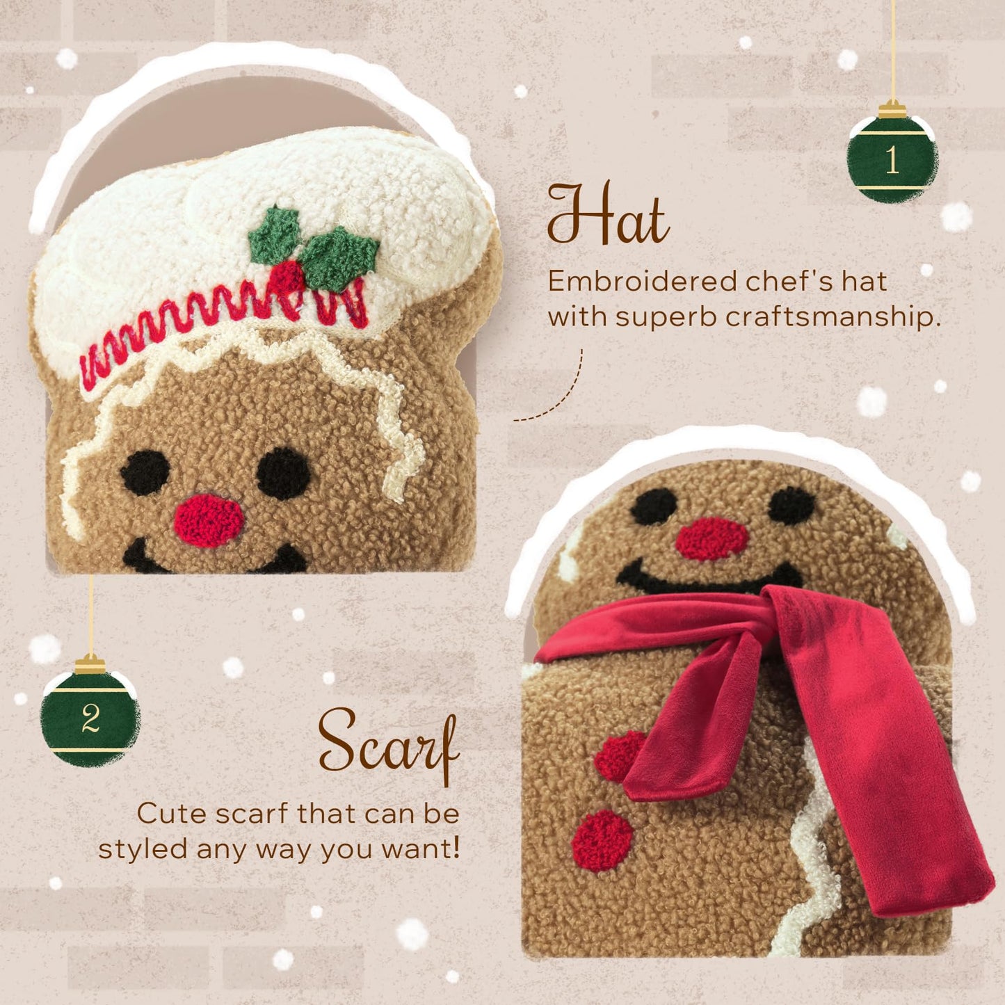 Phantoscope Gingerbread Merry Christmas Throw Pillow, Plush Teddy Xmas Gingerbread Shaped Pillows with Chef Hat & Scarf, Christmas Decorative Pillow for Couch Living Room Bed, Beige, 20 x 13.5 inches