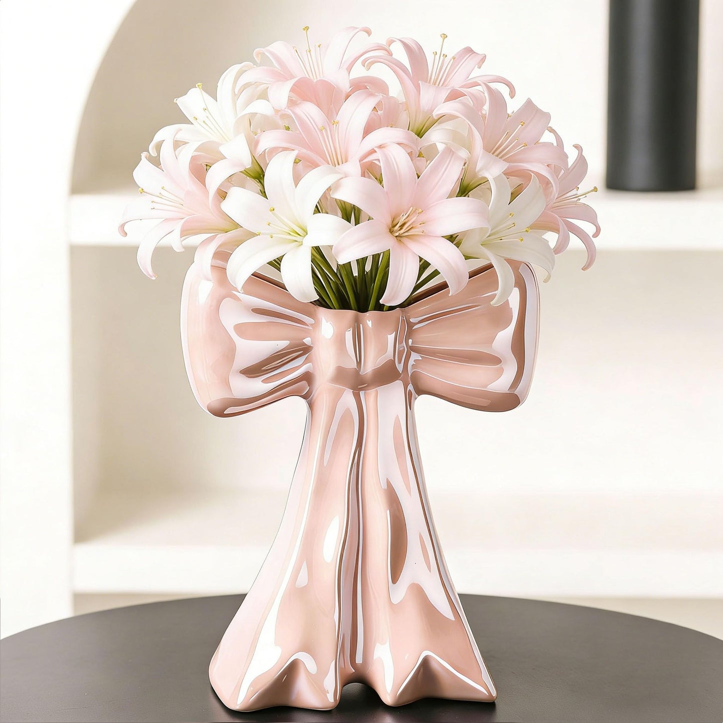 Disoza Bow Vase Pink Vase Ceramic Cute Decorative Flower Tulip Farmhouse Dazzling Modern Home Decor Pampas Grass for Table Bathroom Shelf