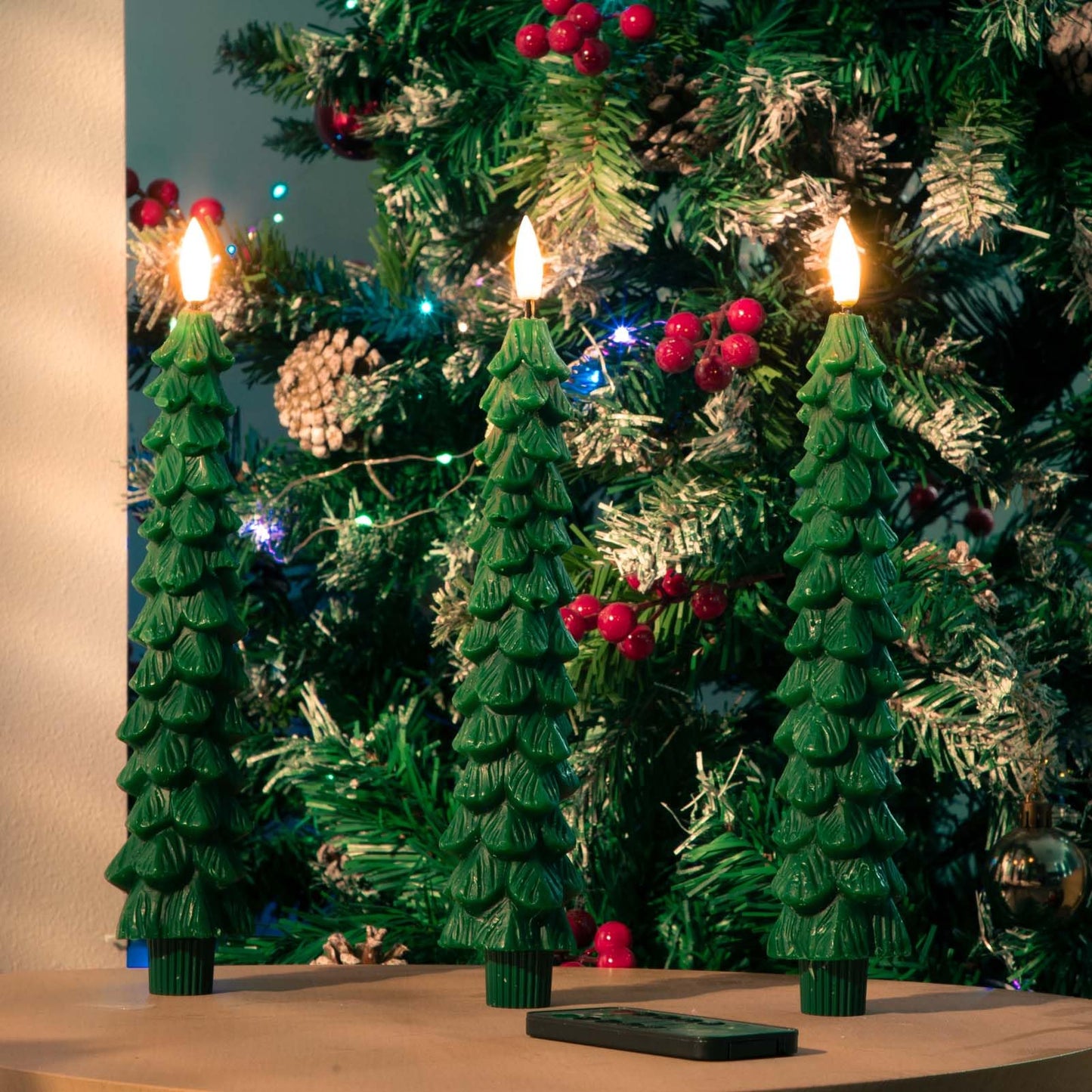 KDVOG 3Pcs Christmas Tree Candles with Remote, Real Wax Flameless Taper Candles,LED Candlesticks Window Candlelights with 3D Flickering Flame for Xmas New Year Home Decorations Gifts 9.7 in