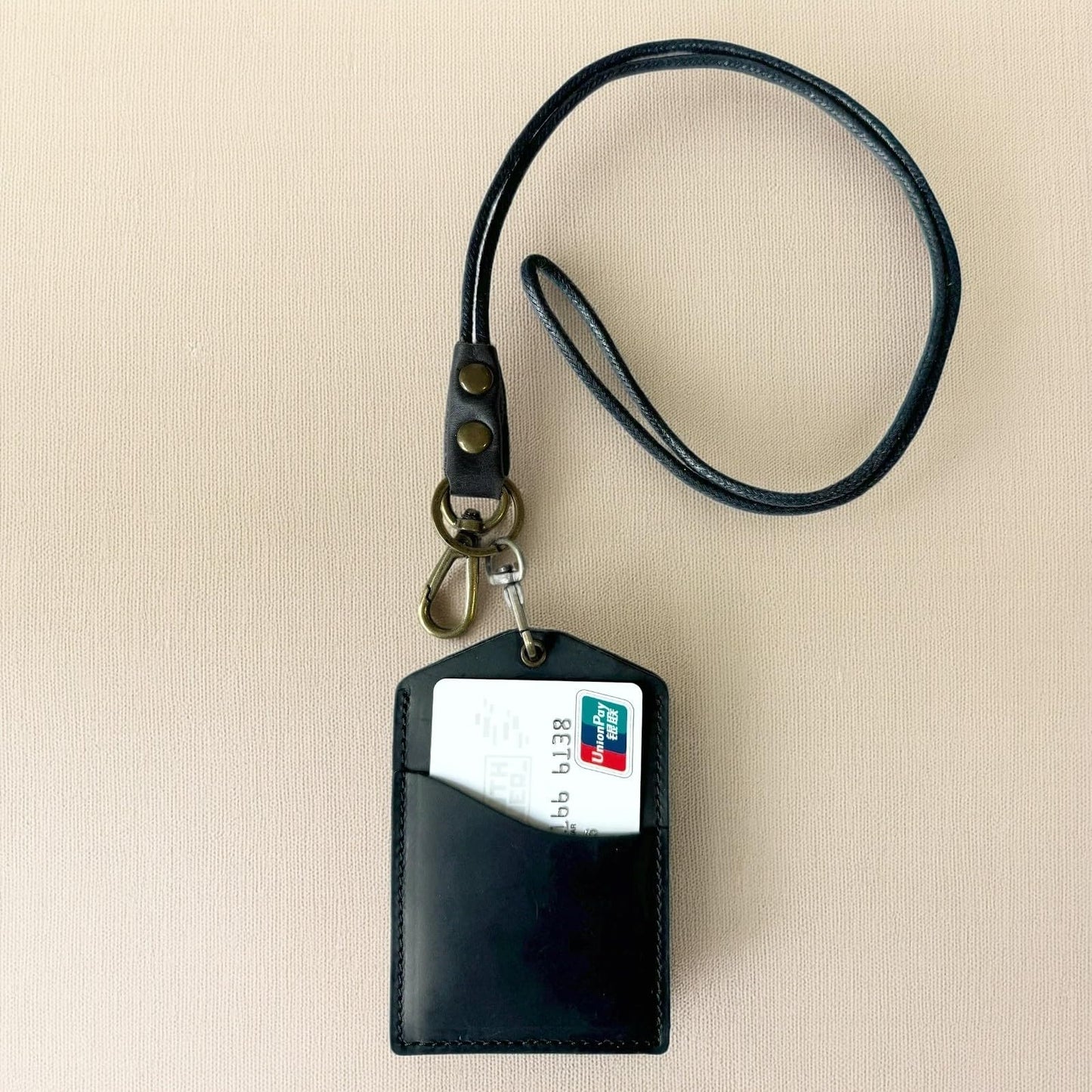 Badge Holder Vertical Handmade Leather ID Card Badge Holder Keychain with Heavy Duty Lanyard for Men Women (Black Leather)