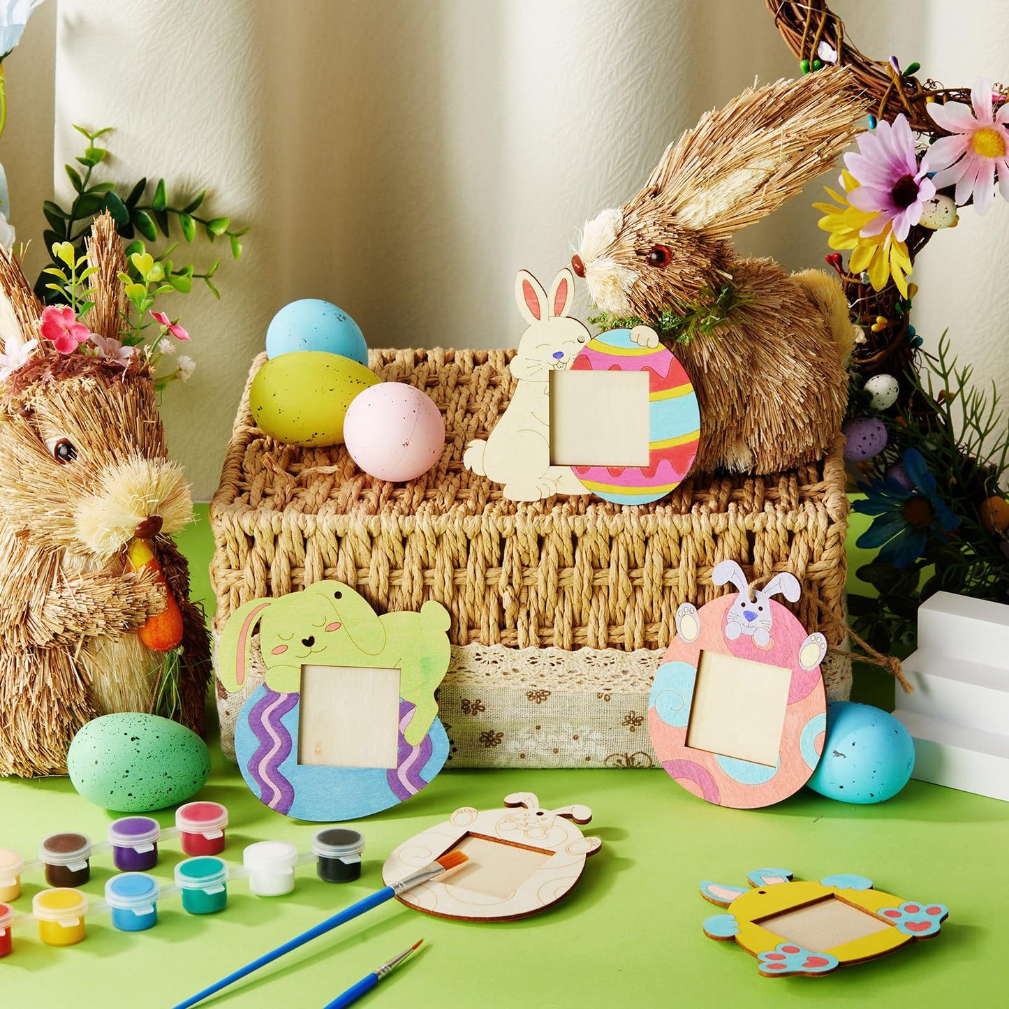 Thyle 12 Pcs Wood Easter Egg Bunny Picture Frame Craft Kits DIY Wooden Bunny Photo Painting Craft Decorative Ornaments for Easter Class Game Activities Gifts