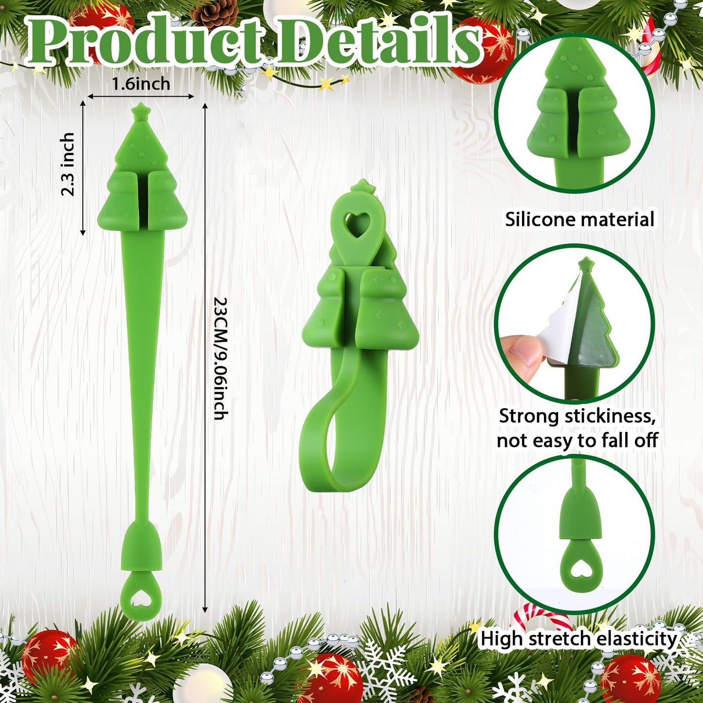 XunYee 12 Pcs Christmas Garland Hangers for Mantle,Fireplace Garland Hanger, Christmas Tree Shaped Ties Stocking Holder, Reusable Silicone Adhesive Straps for Stairways Banister Staircase