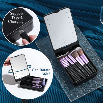 BS-MALL Travel Makeup Brush Set Foundation Powder Concealers Eye Shadows Makeup Set with LED light Mirror 14 Pcs (Green)