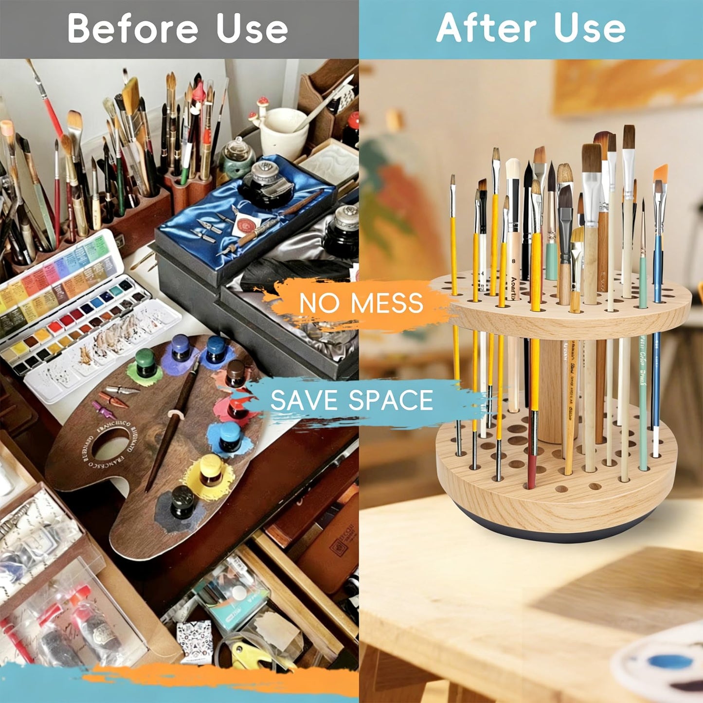 Natural Solid Hardwood Paint Brush Organizer – 360° Smooth Rotating, 52-Hole Vertical Storage Rack, Compact Desktop Holder for Cosmetic Brushes, Craft Supplies & Calligraphy Pens
