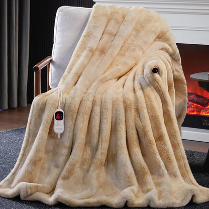 Guohaoi Heated Blanket Electric Throw, Soft Faux Rabbit Fur Electric Blanket with 10 Heating Levels 5 Sitting Timer Auto Off, Cozy Warm Heating Blankets, Machine Washable(84"×90" Beige)