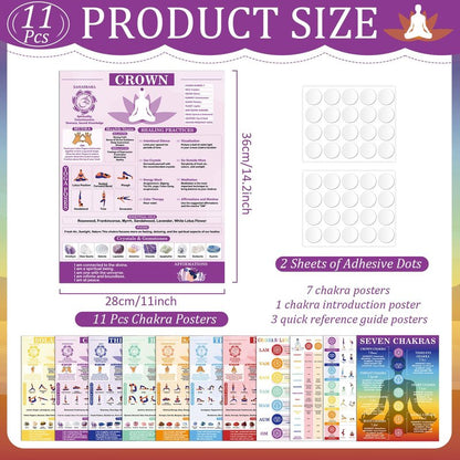 11pcs Chakras Posters (14.2 x 11.0 in) Yoga Poses Posters Set, Healing Meditation Yoga Pose with Crystals & Affirmations Quick Reference Guide, Spiritual wall art Gifts for Yogas Reiki Room Home Decor