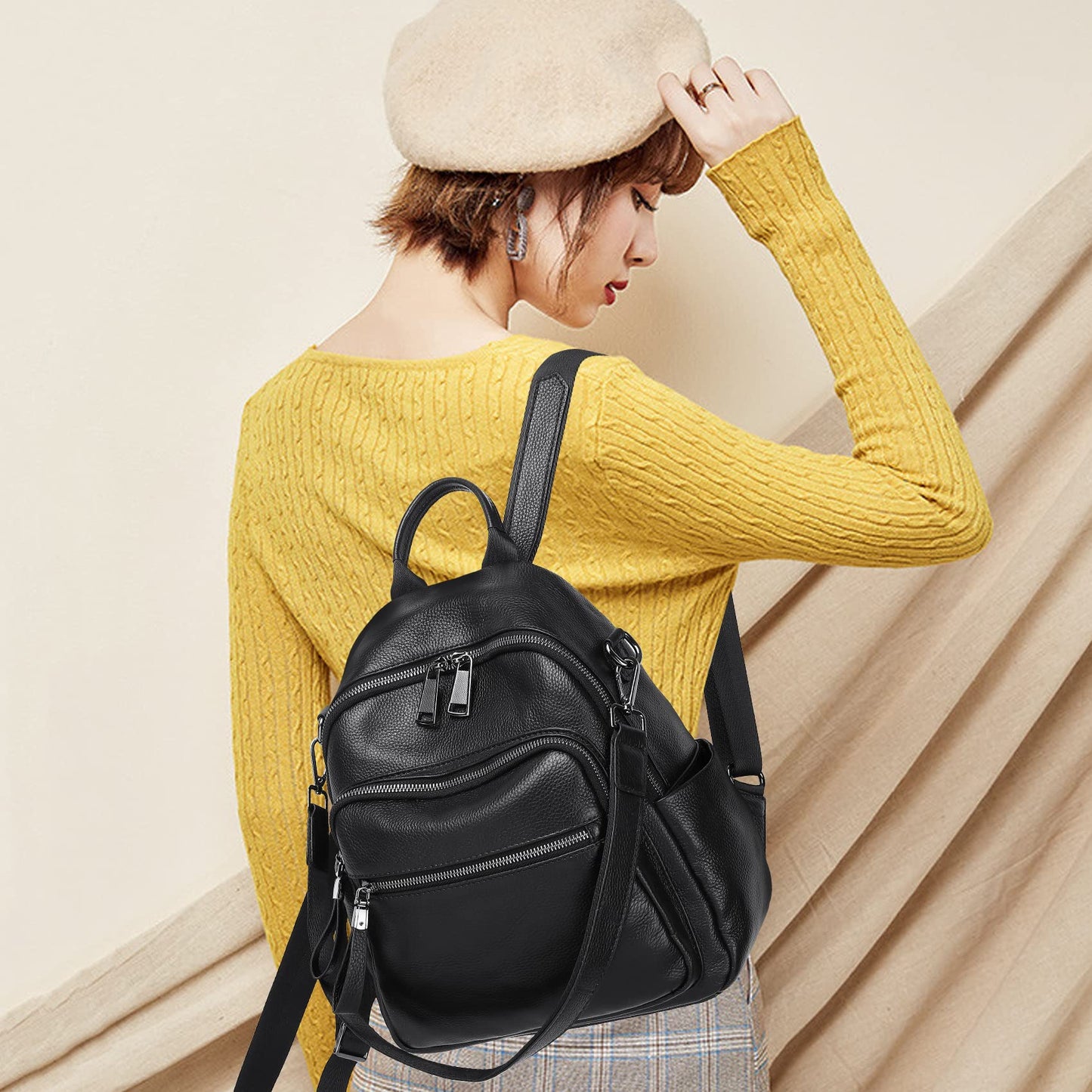 Wesccimo Genuine Leather Backpack Purse For Women Black Real Soft Leather Fashion Designer Convertible Ladies Shoulder Bag