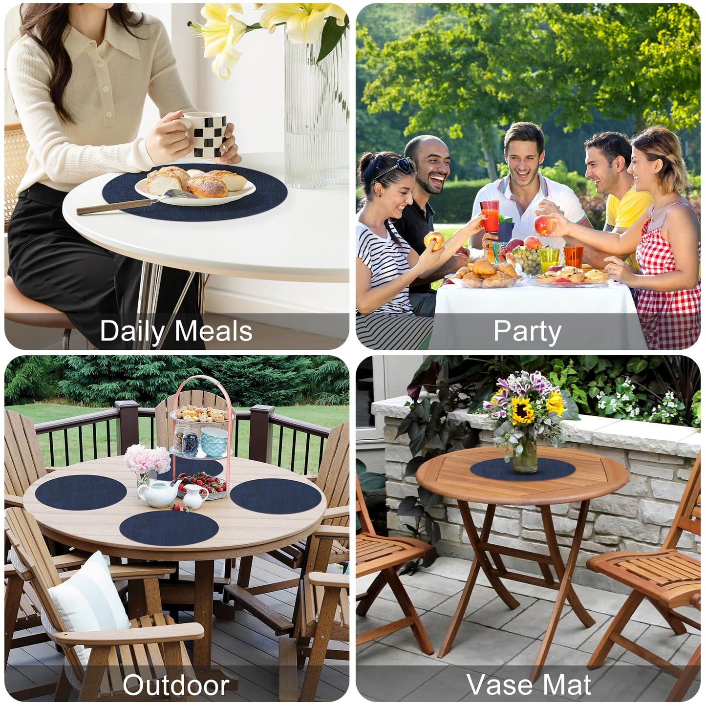 Homaxy Round Faux Leather Placemats and Coasters, Washable Dual-Side Table Mats, Wipeable Heat-Resistant Dining Place Mats for Outdoor and Indoor, Set of 4, Diameter 13 and 3.93 inch, Navy Blue