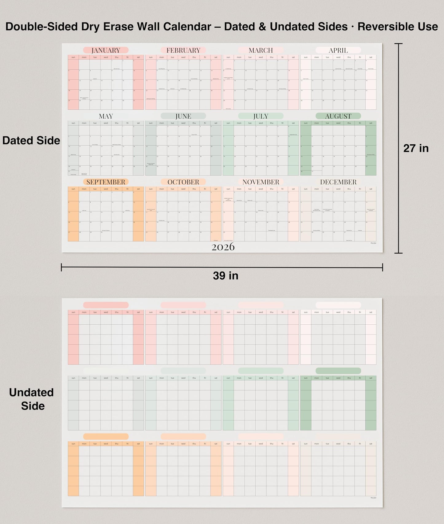 Dry Erase Wall Planner (27×39 in) – Double-Sided Reusable Yearly Planner with Undated Planning Board & 2026 Calendar Reference, Large Laminated Write & Wipe Wall Calendar for Home, Office, Classroom