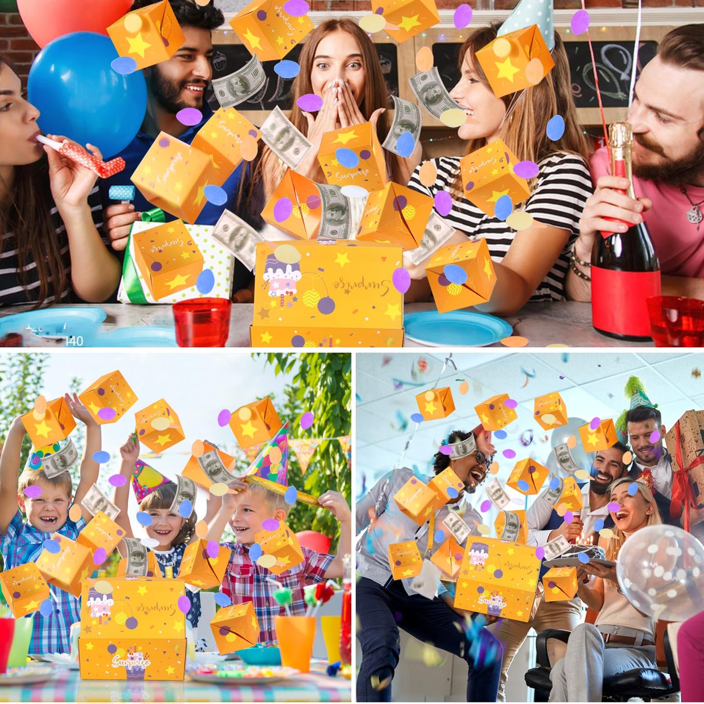 BABORUI Birthday Surprise Gift Box Explosion for Money with Confetti, Cash Explosion Gift Box for Women Men Kids (Yellow Birthday)